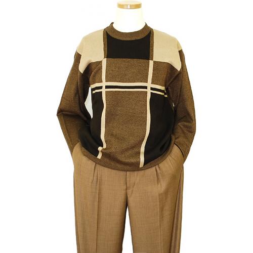 Michael Irvin Chocolate Brown / Taupe / Tan Pull Over Knitted Crew Neck Sweater